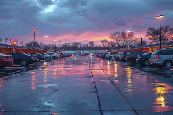 School parking lot with parked cars illustrating car break-in prevention for educators