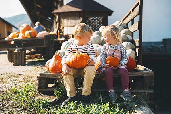 Little brother and sister in the back of a waggon with pumpkins