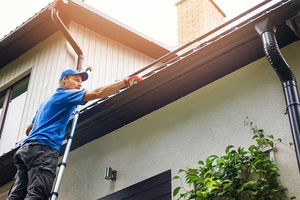 Man on ladder cleaning house gutters