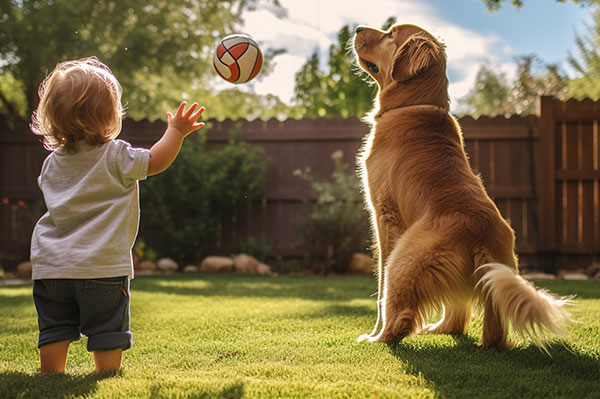 Toddler outside playing fetch with dog