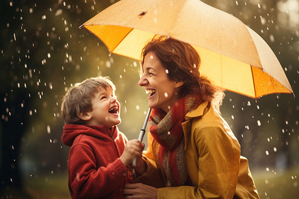 Mother and son under umbrella