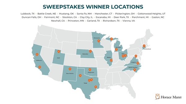 2025 Horace Mann Back to School Sweepstakes winner map
