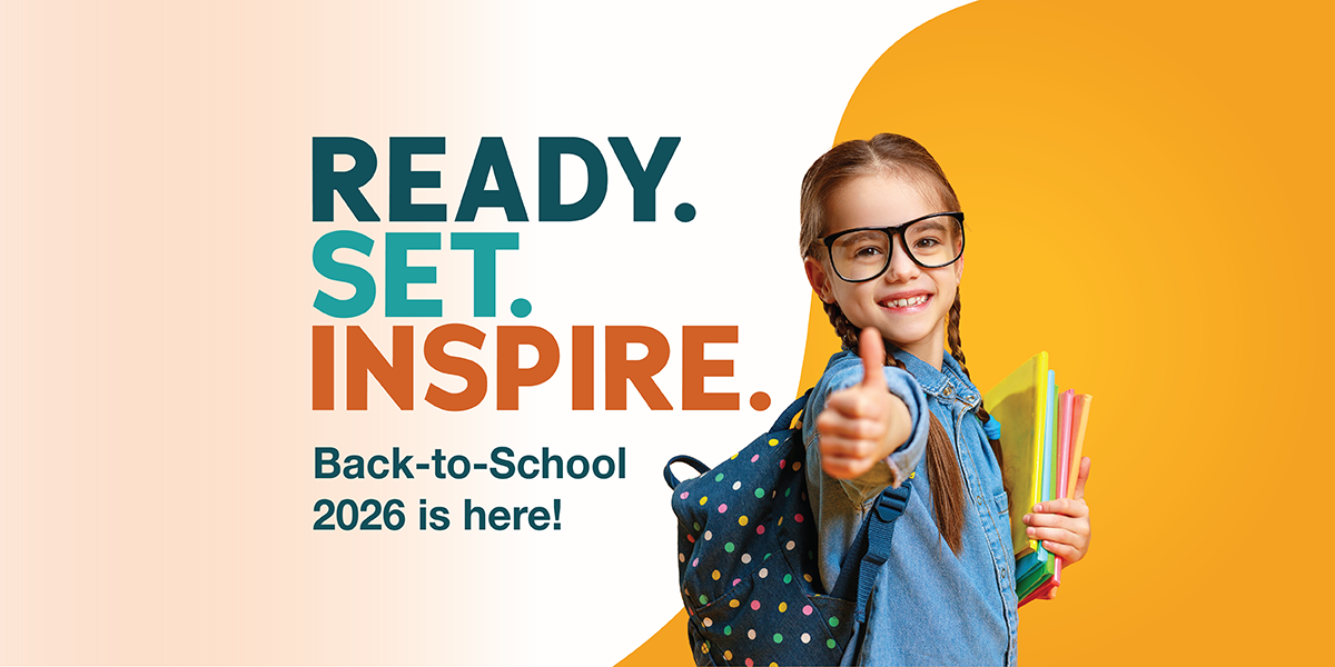 Back-to-School 2026: Ready. Set. Inspire. Smiling student with glasses, backpack and school supplies giving a thumbs-up.
