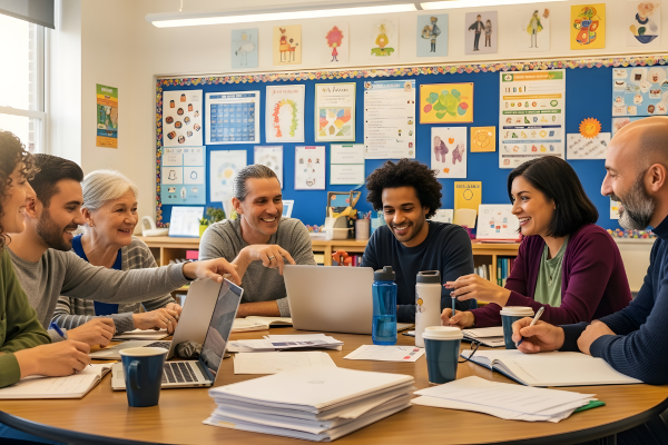 Educators attending creative workshop in classroom.