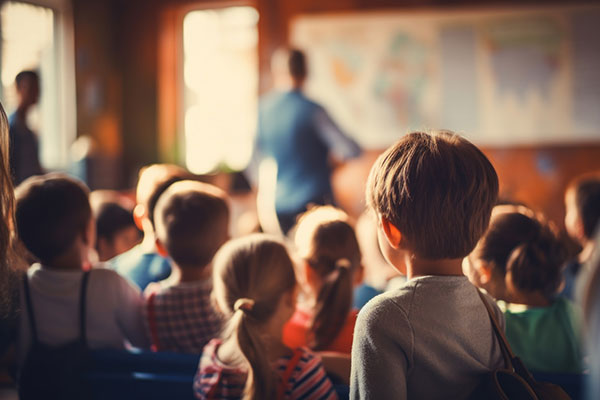 Teacher in classroom blurry from behind